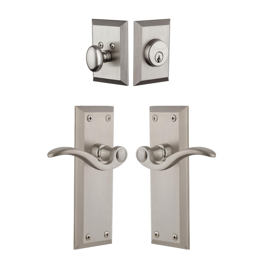 Grandeur by Nostalgic Warehouse Single Cylinder Combo Pack Keyed Differently - Fifth Avenue Plate with Bellagio Lever and Matching Deadbolt in Satin Nickel